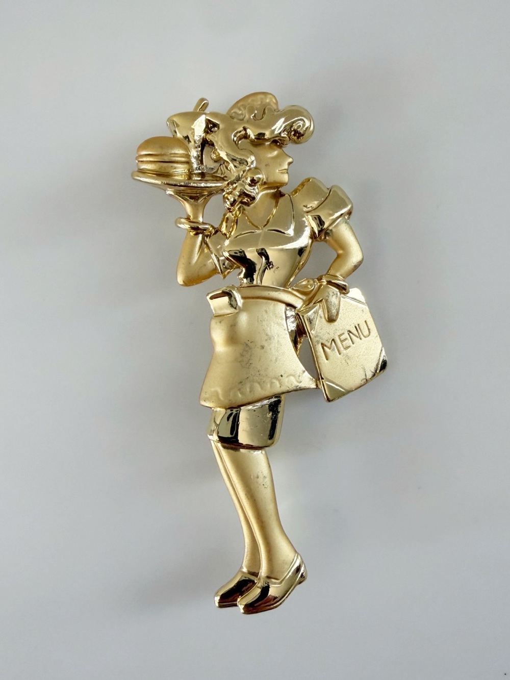 Vintage Waitress Server Diner Singed AJC Gold Tone Large Brooch Pin